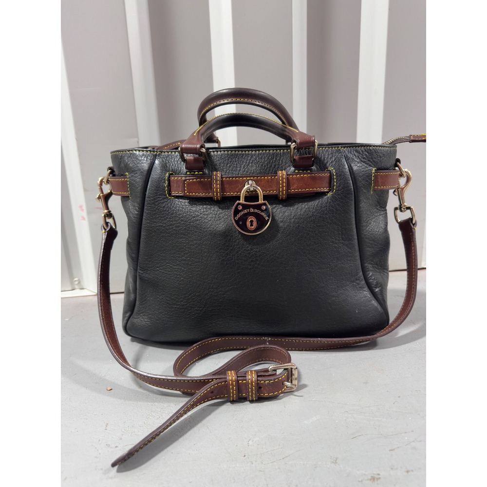 Dooney & Bourke Black Pebbled Leather Padlock Satchel Crossbody Bag Brown Trim